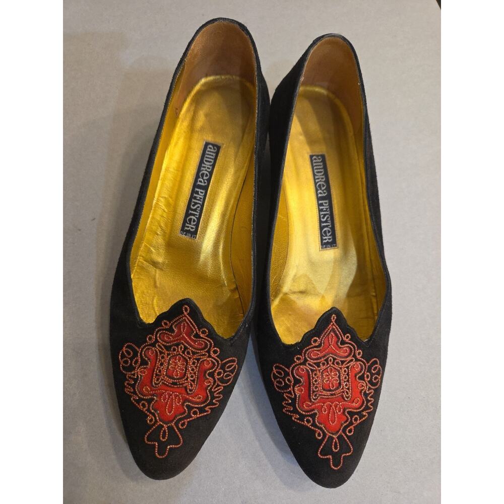 Andrea Pfister Suede Flats Red & Black Intricate Design Made in Italy sz 6.5